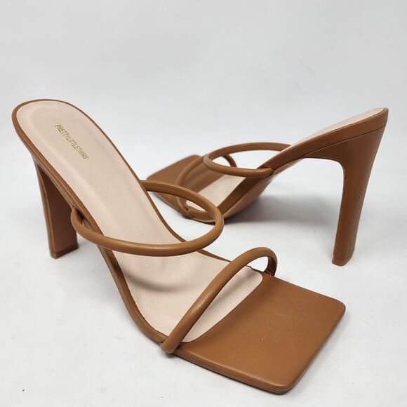 PRETTYLITTLETHING Heels Women 7 Tan Extreme Square Toe Tan Twin Strap Sandal - Picture 2 of 9